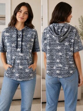 Metto One  Blue Star Print Hooded Tee Size Medium
